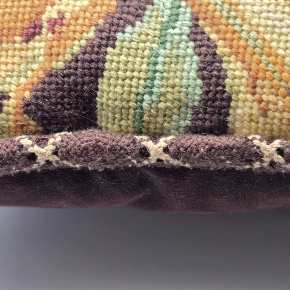 Vintage Needlepoint Brown Lilly Floral Throw Pillow Grandmacore Cottagecore
